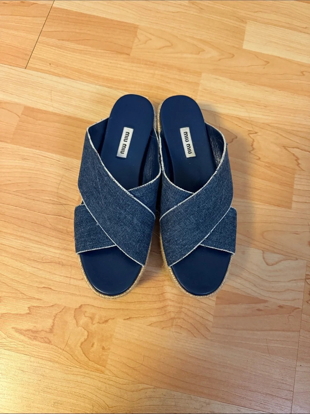 Miu Miu Denim Crisscross Espadrille Slides - Navy Blue